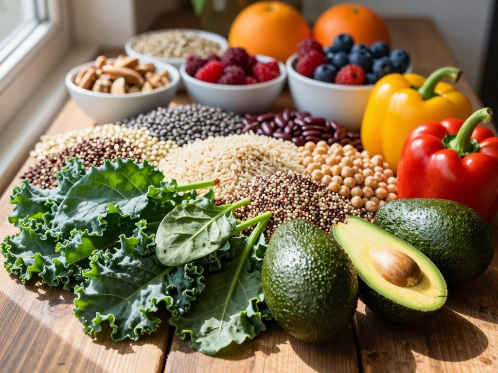 A vibrant display of nutrient-rich foods arranged artfully on a rustic wooden table. In the foreground, showcase bright green kale and spinach leaves, plump avocados, and colorful bell peppers. The middle layer features an array of whole grains such as quinoa and brown rice, as well as a variety of legumes like lentils and chickpeas. In the background, softly blurred, add small bowls of nuts and seeds, along with fresh fruits like berries and citrus. Natural sunlight streams in from the side, casting gentle shadows and highlighting the textures of the foods, creating a warm, inviting atmosphere. The overall mood is wholesome and nourishing, capturing the essence of a balanced, nutrient-dense diet essential for maintaining health.