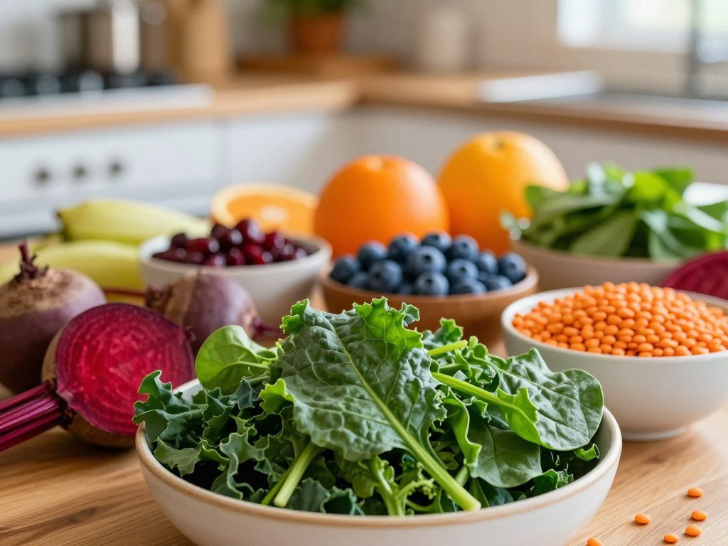 A vibrant display of nutrient-rich foods emphasizing iron sources, featuring a foreground of fresh, dark leafy greens like kale and spinach, alongside bright red beets and lentils. In the middle ground, a variety of colorful fruits, including blueberries and oranges, provide a lively contrast. In the background, a softly blurred kitchen setting bathed in warm, natural light, creating a cozy and inviting atmosphere. A wooden table is adorned with rustic ceramic bowls filled with these ingredients, suggesting a home-cooked meal. The composition should highlight the vitality and appeal of healthy eating, aiming for a cheerful and energizing mood, captured with a shallow depth of field to enhance focus on the food while adding warmth.