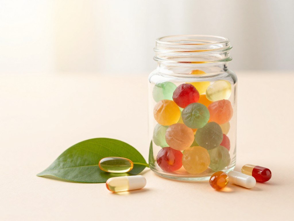 A visually appealing still life composition featuring essential vitamins for women, arranged on a soft, pastel-colored background that evokes calmness and health. In the foreground, capsules and tablets of vitamin E, C, and biotin are artistically scattered around a lush green leaf, symbolizing natural wellness. In the middle ground, a beautiful glass jar filled with multicolored vitamin gummies stands prominently, reflecting light and adding an inviting touch. The background should feature a blurred, bright ambiance, enhancing a fresh, clean atmosphere that suggests vitality and skincare benefits. The lighting is soft and diffused, creating a warm, inviting glow that highlights the textures of the vitamins and the subtle details of the natural elements, conveying a sense of health and nourishment essential for skin vitality. No text or branding elements are present.
