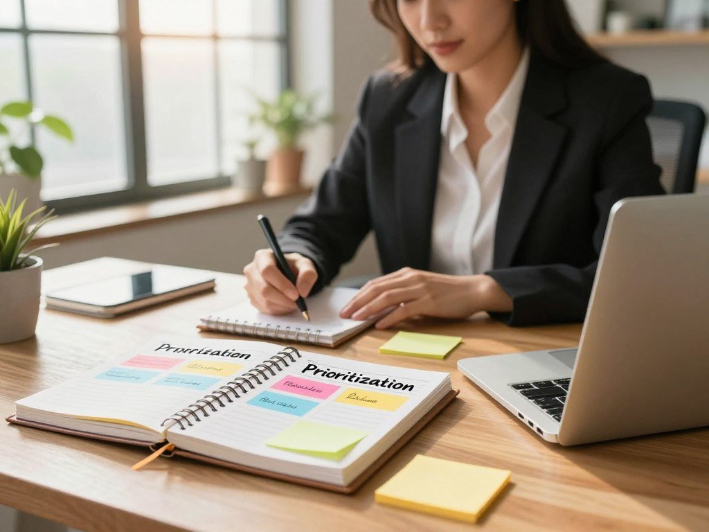 A visually striking workspace scene depicting proven prioritization methods, featuring a well-organized desk with a planner, sticky notes arranged by color, and a modern laptop open to a productivity application, all set in the foreground. In the middle, there’s a woman in professional business attire, carefully jotting down notes, embodying focus and determination. The background includes a large window with soft, natural light streaming in, casting a warm glow over the scene, and potted plants that enhance the atmosphere of calm and productivity. The overall mood is inspiring and motivational, inviting viewers to embrace effective prioritization techniques. The image should be vibrant and well-composed, shot from a slight angle to create depth.