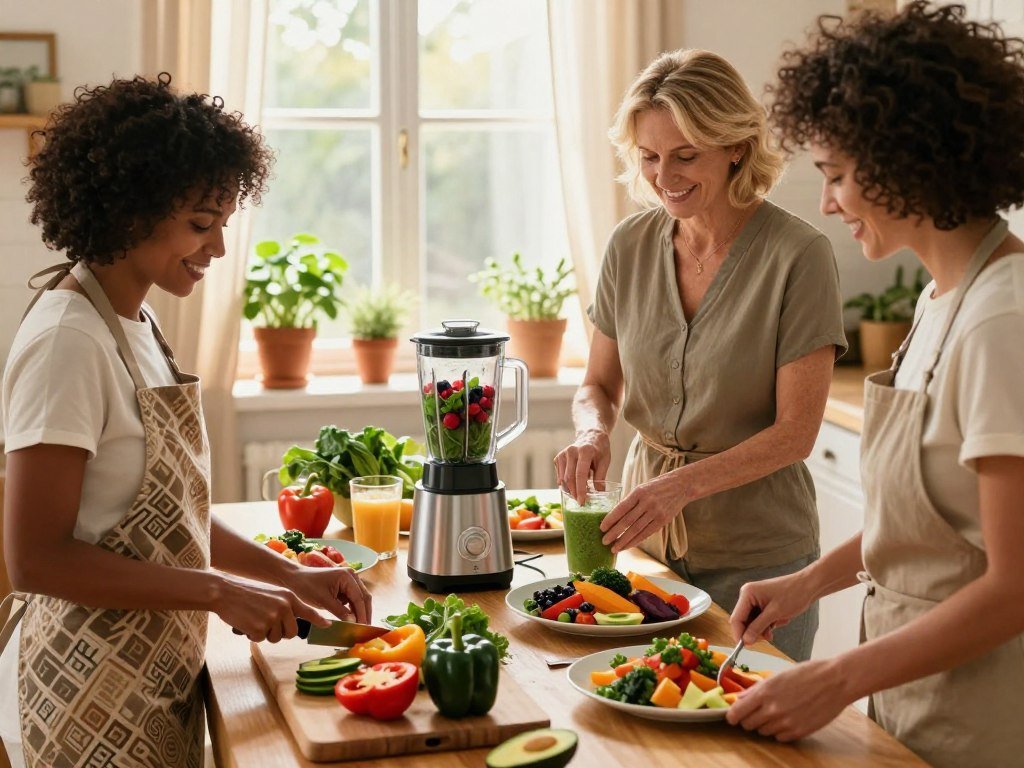 A warm kitchen scene showcasing a diverse group of women in their 30s to 50s, engaged in preparing vibrant, nutrient-dense meals. In the foreground, a woman wearing a stylish apron chops colorful vegetablesâbell peppers, leafy greens, and avocadosâon a wooden cutting board. In the middle, another woman blends a smoothie filled with berries and spinach in a high-tech blender, while a third woman sets a table with beautifully plated dishes rich in antioxidants. The background features a sunlit window with potted herbs and sunlight filtering through sheer curtains, casting a soft glow. The atmosphere is inviting and energetic, emphasizing health and vitality, with warm tones enhancing the feeling of community and well-being. The image is shot from an eye-level angle to capture the actions and expressions clearly, creating an engaging and motivating visual. A warm kitchen scene showcasing a diverse group of women in their 30s to 50s, engaged in preparing vibrant, nutrient-dense meals. In the foreground, a woman wearing a stylish apron chops colorful vegetablesâbell peppers, leafy greens, and avocadosâon a wooden cutting board. In the middle, another woman blends a smoothie filled with berries and spinach in a high-tech blender, while a third woman sets a table with beautifully plated dishes rich in antioxidants. The background features a sunlit window with potted herbs and sunlight filtering through sheer curtains, casting a soft glow. The atmosphere is inviting and energetic, emphasizing health and vitality, with warm tones enhancing the feeling of community and well-being. The image is shot from an eye-level angle to capture the actions and expressions clearly, creating an engaging and motivating visual.