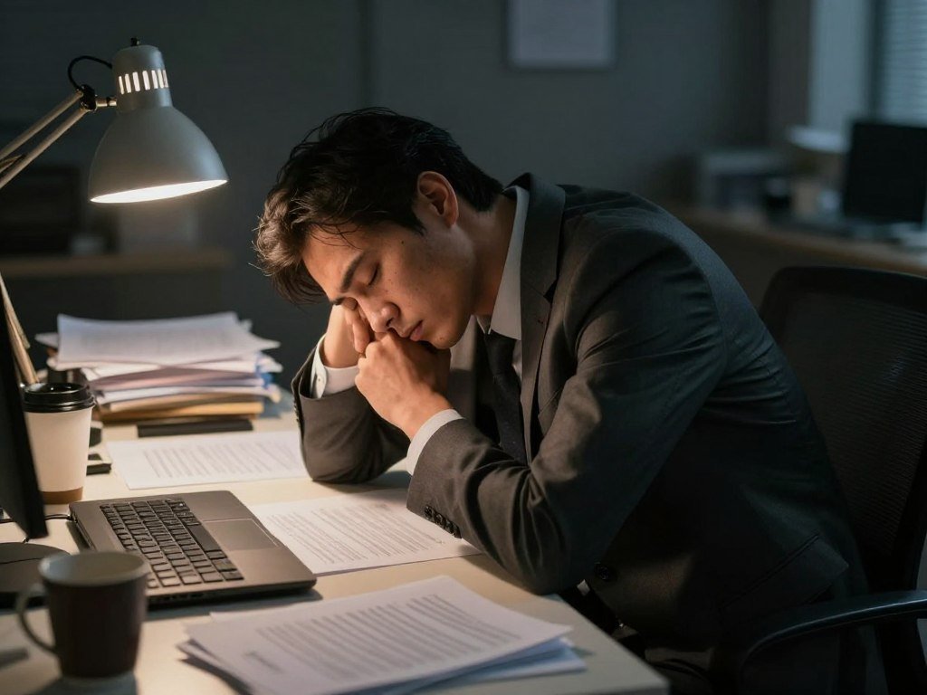 A weary office worker sits at a cluttered desk, head resting on their hand, eyes closed, conveying deep emotional exhaustion. They wear professional business attire, with subtle signs of fatigue evident in their posture and expression. Surrounding them, the workspace is dimly lit, with a single desk lamp casting a warm glow, emphasizing the shadows that surround the figure. In the background, disorganized papers and empty coffee mugs highlight the chaos and pressure of work life. The overall atmosphere is heavy and somber, illustrating the emotional toll of burnout. The angle is slightly tilted to evoke a sense of discomfort, with a shallow depth of field focusing on the worker while the background remains blurred, underscoring a feeling of isolation and exhaustion.
