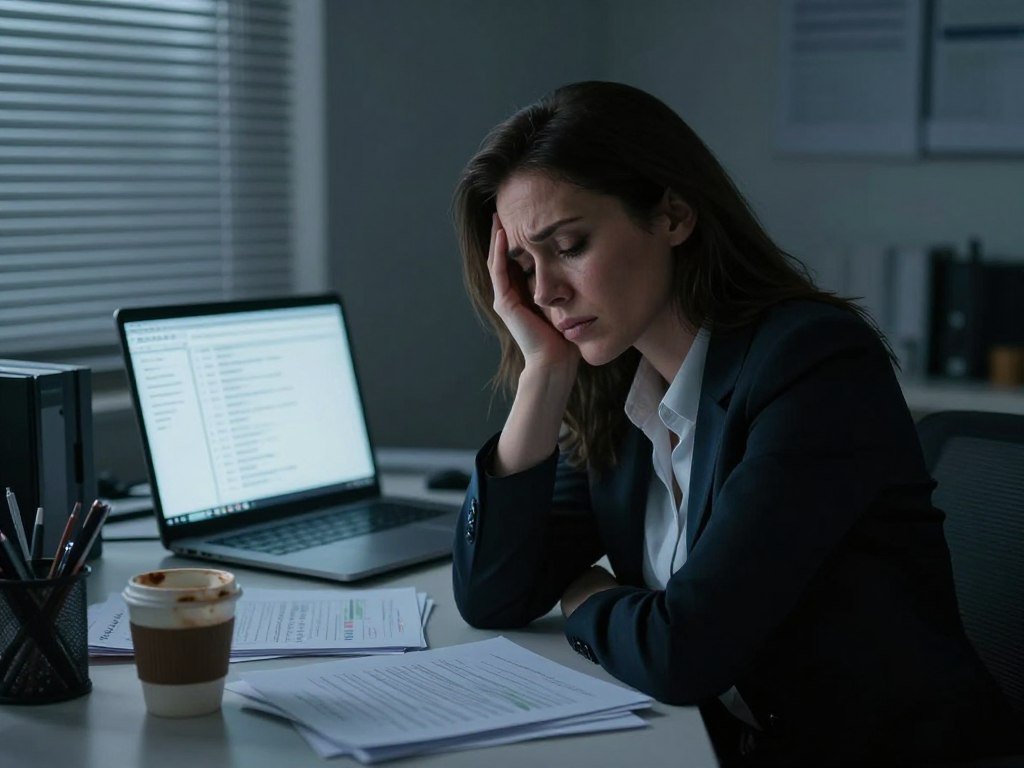 A weary professional woman in business attire sits at a cluttered desk in a dimly lit office, her face showing signs of emotional exhaustion, with eyes slightly closed and a frustrated expression. In the foreground, scattered papers and an unfinished cup of coffee reflect her chaotic workload. The middle ground features a soft-focused laptop screen displaying an overwhelming number of email notifications. In the background, the office is shadowy, with dim light filtering through the blinds, creating a somber atmosphere. This scene conveys a sense of isolation and fatigue, emphasizing the toll of emotional exhaustion. The lighting is low and moody, with a focus on cool tones that accentuate the woman's distress.