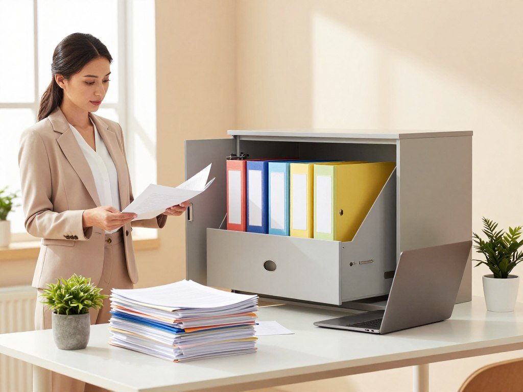 A well-organized home office scene focusing on decluttering tips for women. In the foreground, a stylish, modern desk with neatly stacked files, a small potted plant, and a minimalistic laptop. To the left, a woman in professional business attire is sorting through documents with a focused expression, embodying productivity and control. In the middle, an open filing cabinet with color-coded folders reveals a systemized approach to paperwork, reflecting efficiency. The background features soft natural light coming through a window, illuminating the room and casting gentle shadows. The atmosphere is calm and inspiring, encouraging an organized lifestyle, with pastel colors dominating the decor for a refreshing look.
