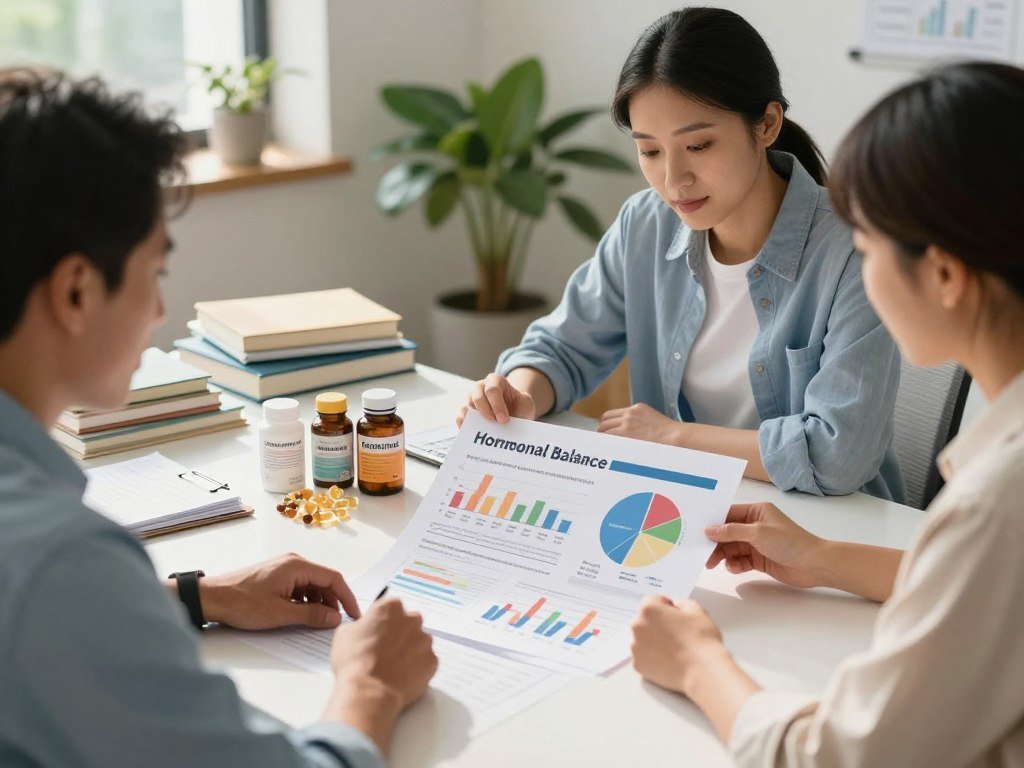 A well-organized workspace featuring a diverse group of three professionals (a man and two women) dressed in business casual attire, examining a collection of health-related charts and graphs that depict hormonal balance. In the foreground, the charts highlight metabolic and digestive health indicators such as energy levels, digestive discomfort, and weight fluctuations. The middle ground shows a table with vitamins and herbal supplements associated with hormonal health, surrounded by medical books and notes. The background features a softly lit office space with green plants, creating a calm and focused atmosphere. Natural light streams in through a window, casting gentle shadows, while the overall mood is informative and professional, emphasizing health awareness and proactive measures. A well-organized workspace featuring a diverse group of three professionals (a man and two women) dressed in business casual attire, examining a collection of health-related charts and graphs that depict hormonal balance. In the foreground, the charts highlight metabolic and digestive health indicators such as energy levels, digestive discomfort, and weight fluctuations. The middle ground shows a table with vitamins and herbal supplements associated with hormonal health, surrounded by medical books and notes. The background features a softly lit office space with green plants, creating a calm and focused atmosphere. Natural light streams in through a window, casting gentle shadows, while the overall mood is informative and professional, emphasizing health awareness and proactive measures.