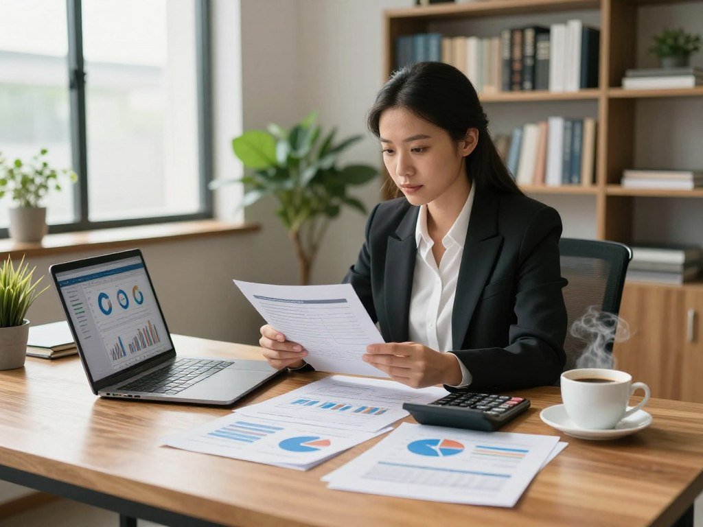 A well-organized workspace with a large wooden desk in the foreground, showcasing a laptop open to a financial planning software. Papers with charts and graphs related to retirement accounts and tax advantages are spread out, along with a calculator and a steaming cup of coffee. In the middle ground, a confident woman in professional business attire is studying the documents intently, projecting focus and determination. The background features a modern office environment with natural light streaming in through large windows, plants adding a touch of greenery, and shelves filled with financial books. The mood is inspiring and motivational, conveying a sense of empowerment and professionalism. The image should be bright and inviting, using soft, warm lighting to enhance the atmosphere.