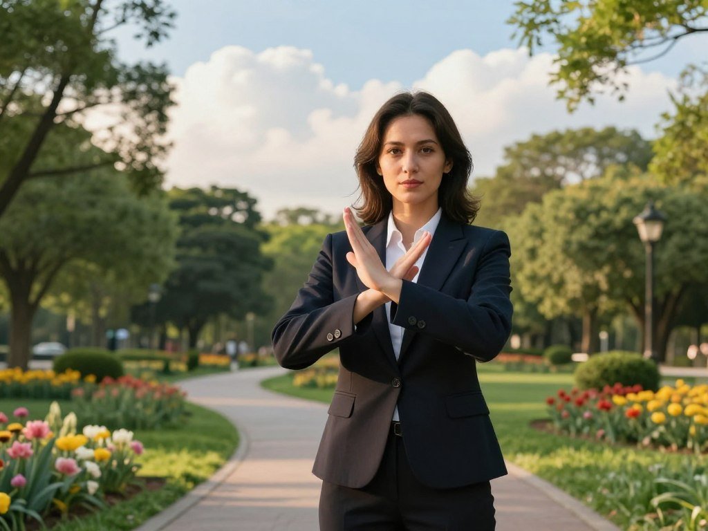 A confident woman standing tall in a serene park, surrounded by lush greenery and blooming flowers, symbolizing personal growth and empowerment. In the foreground, she's dressed in professional business attire, projecting strength and self-assurance while gently placing her hand up in a sign of saying "no." The middle ground features an inviting path that winds through the park, representing the journey of personal growth. The background shows a soft blue sky with fluffy white clouds, creating a peaceful atmosphere. The lighting is warm and soft, suggesting early morning or late afternoon, casting gentle shadows and highlighting the woman’s determined expression. The mood is uplifting and inspiring, suggesting a new beginning and the importance of setting boundaries without guilt.