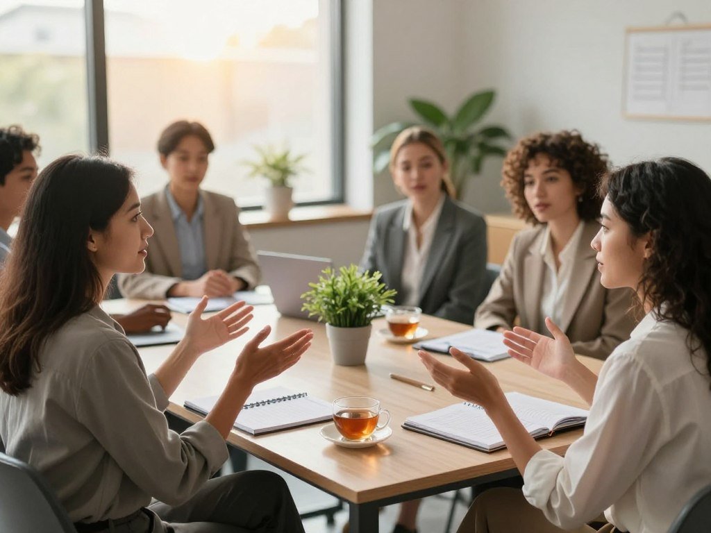 A serene and calming office scene depicting a diverse group of women in professional business attire, engaged in a discussion about personal boundaries. In the foreground, two women of different ethnicities are animatedly sharing ideas, gesturing confidently with their hands. The middle ground features a sleek desk with notebooks, a small plant, and cups of tea, symbolizing a nurturing environment. In the background, a large window allows warm, natural light to pour in, illuminating the space and creating a welcoming atmosphere. The mood feels collaborative and empowering, illustrating the strength and importance of setting and maintaining firm personal boundaries in both personal and professional life. The overall composition should evoke a sense of emotional intelligence and healthy communication.
