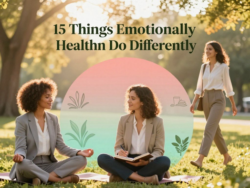 A serene and inspiring scene capturing "15 Things Emotionally Healthy Women Do Differently." In the foreground, a diverse group of three women of various ethnicities, dressed in professional business attire, engage in positive interactions—one meditating peacefully, another writing in a journal, and the third enjoying a nature walk. In the middle, a soft gradient of colors symbolizes emotional balance, with elements like plants and art supplies subtly integrated into the environment. The background features a tranquil park setting bathed in warm, golden sunlight, accentuating a feeling of connection and well-being. The atmosphere is calm and uplifting, with gentle lens flare effects to enhance the warmth and positivity of the scene, inviting the viewer into a world of emotional health.