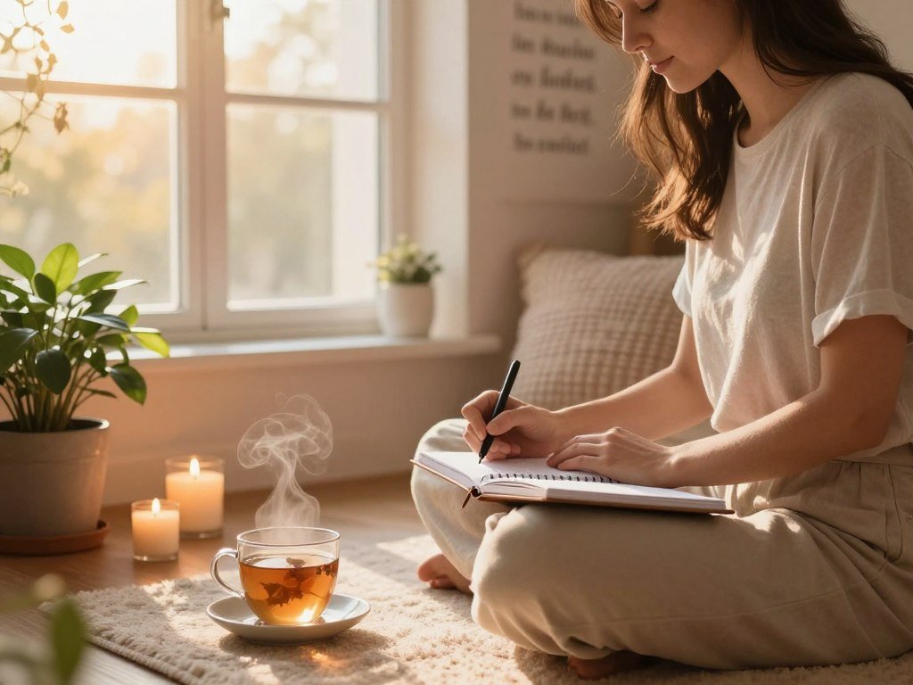 A serene, cozy indoor scene illustrating self-care habits for women, focusing on gratitude practices. In the foreground, a woman in modest casual clothing sits cross-legged on a soft rug, writing in a beautifully designed gratitude journal. Surrounding her are calming elements like scented candles, a steaming cup of herbal tea, and potted plants for a touch of nature. In the middle ground, a soft-lit window lets in warm, golden sunlight, casting gentle shadows across the room. The background features warm, pastel-colored walls adorned with inspiring quotes and soft, textured furnishings. The mood is peaceful and reflective, evoking a sense of mindfulness and inner calm. The lighting should be warm and inviting, with a soft focus to enhance the atmosphere of tranquility.