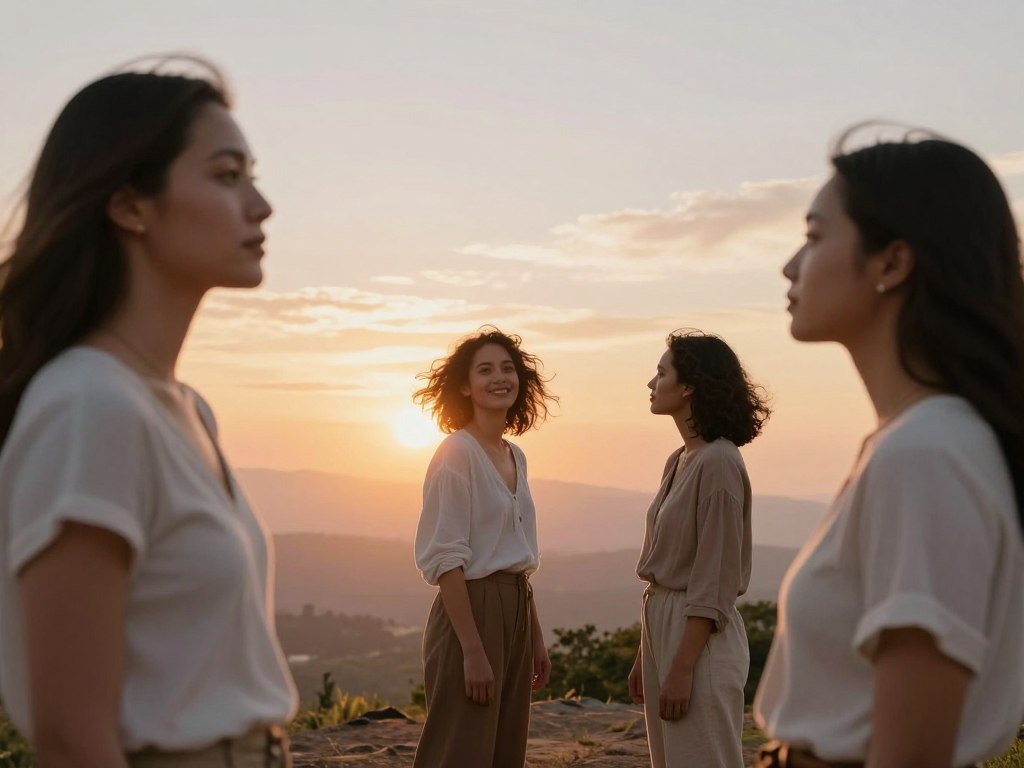A serene outdoor scene illustrating personal growth for women, featuring a diverse group of three women of different ethnicities, dressed in modest casual clothing, standing on a sunlit hilltop. In the foreground, one woman gazes confidently toward the horizon, symbolizing self-acceptance. In the middle, another woman is seen joyfully embracing a gentle breeze, representing freedom from toxic comparisons. The third woman reflects thoughtfully, embodying introspection and resilience. The background showcases a vibrant sunrise, casting warm golden and soft pastel hues across the sky, symbolizing new beginnings. Incorporate soft focus on the edges and a slightly elevated camera angle to enhance the uplifting atmosphere, creating a sense of hope and empowerment in this moment of personal growth.