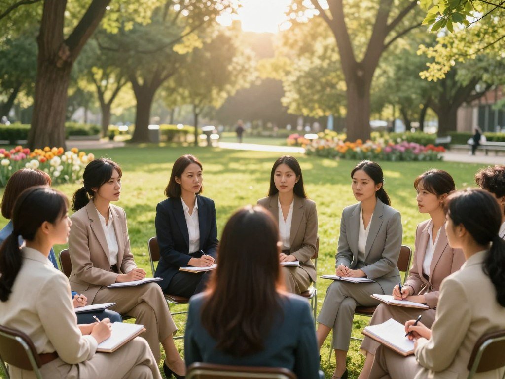 A serene scene depicting personal growth for women through consistent self-reflection. In the foreground, a diverse group of women of various ethnicities sits in a circle, engaged in thoughtful discussion, dressed in professional business attire. Their expressions are contemplative and supportive, with notebooks and pens in hand. In the middle ground, a lush green park setting with blooming flowers symbolizes growth and renewal. In the background, soft sun rays filter through tall trees, creating a warm, inviting atmosphere. The scene is captured with a wide-angle lens to emphasize connection and beauty, with soft, natural lighting enhancing the overall mood of tranquility and empowerment.
