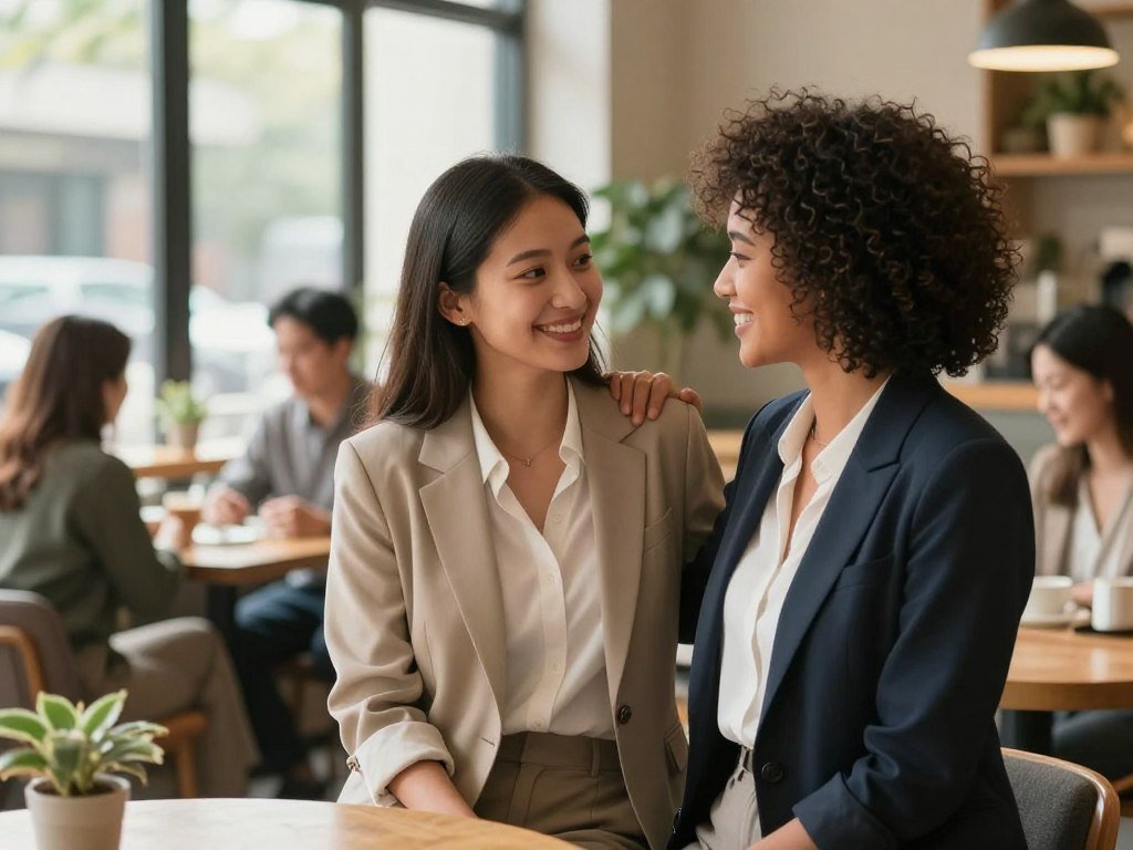 A warm and inviting scene illustrating healthy relationships, featuring two diverse women in professional business attire engaged in a heartfelt conversation. In the foreground, they stand close together, smiling, with one woman resting a hand on the other's shoulder, conveying support and authenticity. The middle ground includes a cozy café setting with soft furnishings, potted plants, and gentle sunlight filtering through large windows, creating a bright and uplifting atmosphere. In the background, other patrons engage in their own interactions, adding to the sense of community. The image is captured with a shallow depth of field, focusing on the women while softly blurring the surroundings. The overall mood is positive, encouraging, and reflective of nurturing, supportive relationships.